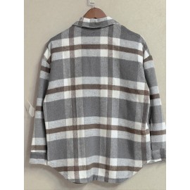 Plaid Tweed Bomber Jacket with Lapel Collar - Soft Slight Stretch Fabric, Micro Elasticity, Random Printing, Two Pockets - Casual Fall/Winter Loose Fit Long Sleeve Jacket for Women