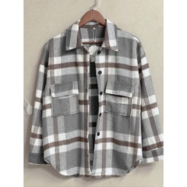 Plaid Tweed Bomber Jacket with Lapel Collar - Soft Slight Stretch Fabric, Micro Elasticity, Random Printing, Two Pockets - Casual Fall/Winter Loose Fit Long Sleeve Jacket for Women