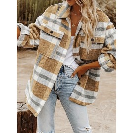 Plaid Tweed Bomber Jacket with Lapel Collar - Soft Slight Stretch Fabric, Micro Elasticity, Random Printing, Two Pockets - Casual Fall/Winter Loose Fit Long Sleeve Jacket for Women