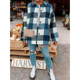 Plaid Shacket with Lapel Collar - Soft Slight Stretch Tweed Fabric, Loose Fit, Micro Elasticity, Random Printing, Perfect for Fall & Winter - Womens Casual Long Sleeve Bomber Jacket