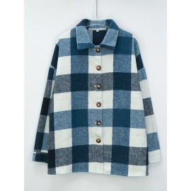 Plaid Shacket with Lapel Collar - Soft Slight Stretch Tweed Fabric, Loose Fit, Micro Elasticity, Random Printing, Perfect for Fall & Winter - Womens Casual Long Sleeve Bomber Jacket