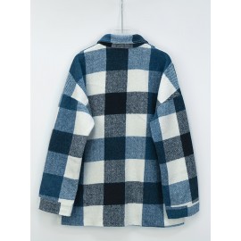 Plaid Shacket with Lapel Collar - Soft Slight Stretch Tweed Fabric, Loose Fit, Micro Elasticity, Random Printing, Perfect for Fall & Winter - Womens Casual Long Sleeve Bomber Jacket