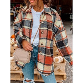 Plaid Shacket with Lapel Collar - Soft Slight Stretch Tweed Fabric, Loose Fit, Micro Elasticity, Random Printing, Perfect for Fall & Winter - Womens Casual Long Sleeve Bomber Jacket