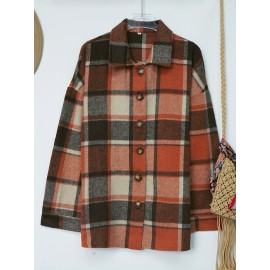 Plaid Shacket with Lapel Collar - Soft Slight Stretch Tweed Fabric, Loose Fit, Micro Elasticity, Random Printing, Perfect for Fall & Winter - Womens Casual Long Sleeve Bomber Jacket