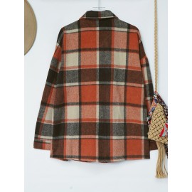 Plaid Shacket with Lapel Collar - Soft Slight Stretch Tweed Fabric, Loose Fit, Micro Elasticity, Random Printing, Perfect for Fall & Winter - Womens Casual Long Sleeve Bomber Jacket