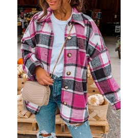 Plaid Shacket with Lapel Collar - Soft Slight Stretch Tweed Fabric, Loose Fit, Micro Elasticity, Random Printing, Perfect for Fall & Winter - Womens Casual Long Sleeve Bomber Jacket