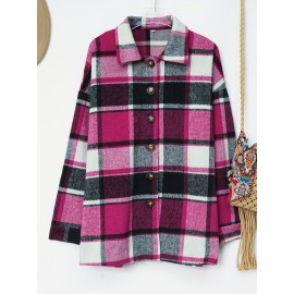 Plaid Shacket with Lapel Collar - Soft Slight Stretch Tweed Fabric, Loose Fit, Micro Elasticity, Random Printing, Perfect for Fall & Winter - Womens Casual Long Sleeve Bomber Jacket