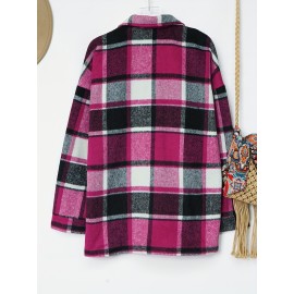 Plaid Shacket with Lapel Collar - Soft Slight Stretch Tweed Fabric, Loose Fit, Micro Elasticity, Random Printing, Perfect for Fall & Winter - Womens Casual Long Sleeve Bomber Jacket