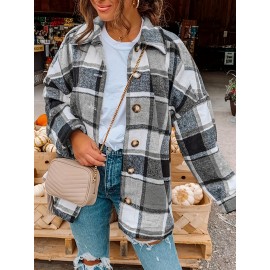 Plaid Shacket with Lapel Collar - Soft Slight Stretch Tweed Fabric, Loose Fit, Micro Elasticity, Random Printing, Perfect for Fall & Winter - Womens Casual Long Sleeve Bomber Jacket