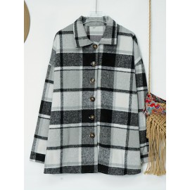 Plaid Shacket with Lapel Collar - Soft Slight Stretch Tweed Fabric, Loose Fit, Micro Elasticity, Random Printing, Perfect for Fall & Winter - Womens Casual Long Sleeve Bomber Jacket