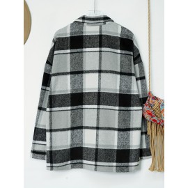 Plaid Shacket with Lapel Collar - Soft Slight Stretch Tweed Fabric, Loose Fit, Micro Elasticity, Random Printing, Perfect for Fall & Winter - Womens Casual Long Sleeve Bomber Jacket