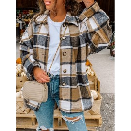 Plaid Shacket with Lapel Collar - Soft Slight Stretch Tweed Fabric, Loose Fit, Micro Elasticity, Random Printing, Perfect for Fall & Winter - Womens Casual Long Sleeve Bomber Jacket