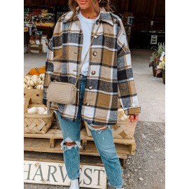 Plaid Shacket with Lapel Collar - Soft Slight Stretch Tweed Fabric, Loose Fit, Micro Elasticity, Random Printing, Perfect for Fall & Winter - Womens Casual Long Sleeve Bomber Jacket