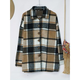 Plaid Shacket with Lapel Collar - Soft Slight Stretch Tweed Fabric, Loose Fit, Micro Elasticity, Random Printing, Perfect for Fall & Winter - Womens Casual Long Sleeve Bomber Jacket