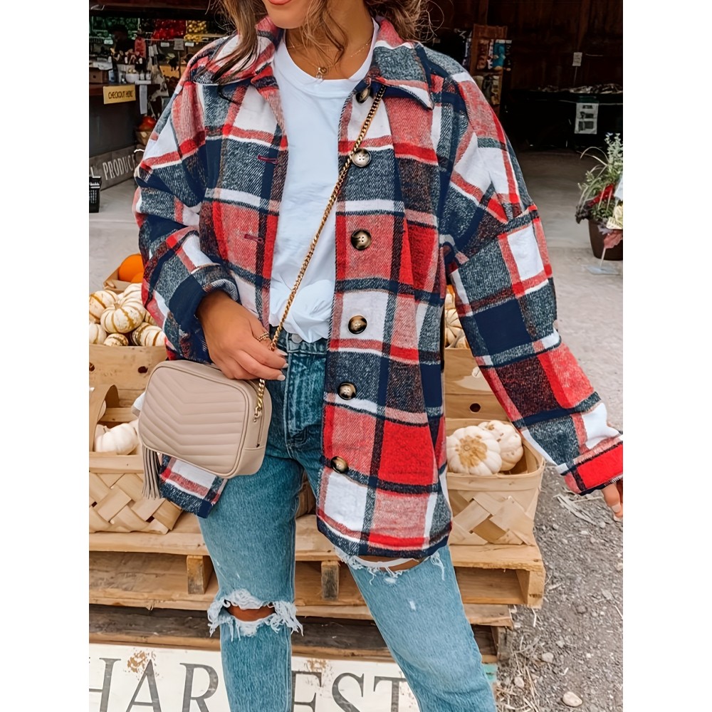 Plaid Shacket with Lapel Collar - Soft Slight Stretch Tweed Fabric, Loose Fit, Micro Elasticity, Random Printing, Perfect for Fall & Winter - Womens Casual Long Sleeve Bomber Jacket