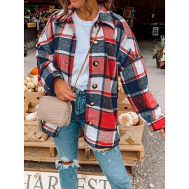 Plaid Shacket with Lapel Collar - Soft Slight Stretch Tweed Fabric, Loose Fit, Micro Elasticity, Random Printing, Perfect for Fall & Winter - Womens Casual Long Sleeve Bomber Jacket