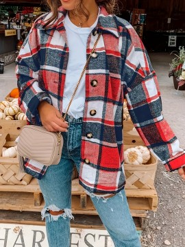 Plaid Shacket with Lapel Collar - Soft Slight Stretch Tweed Fabric, Loose Fit, Micro Elasticity, Random Printing, Perfect for Fall & Winter - Womens Casual Long Sleeve Bomber Jacket