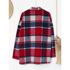 Plaid Shacket with Lapel Collar - Soft Slight Stretch Tweed Fabric, Loose Fit, Micro Elasticity, Random Printing, Perfect for Fall & Winter - Womens Casual Long Sleeve Bomber Jacket
