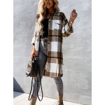 Stylish Plaid Print Womens Long Jacket - Relaxed Casual Button Front with Flap Pockets - Durable Outerwear for Everyday Fashion