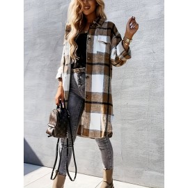 Stylish Plaid Print Womens Long Jacket - Relaxed Casual Button Front with Flap Pockets - Durable Outerwear for Everyday Fashion