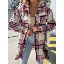 Stylish Plaid Print Womens Long Jacket - Relaxed Casual Button Front with Flap Pockets - Durable Outerwear for Everyday Fashion