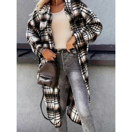 Stylish Plaid Print Womens Long Jacket - Relaxed Casual Button Front with Flap Pockets - Durable Outerwear for Everyday Fashion