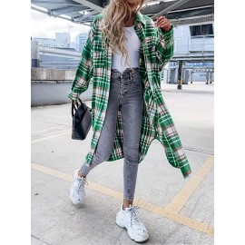 Stylish Plaid Print Womens Long Jacket - Relaxed Casual Button Front with Flap Pockets - Durable Outerwear for Everyday Fashion