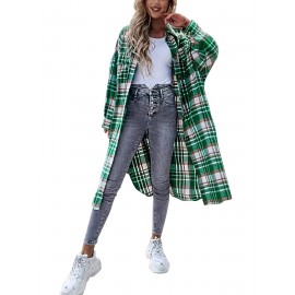 Stylish Plaid Print Womens Long Jacket - Relaxed Casual Button Front with Flap Pockets - Durable Outerwear for Everyday Fashion