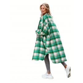 Stylish Plaid Print Womens Long Jacket - Relaxed Casual Button Front with Flap Pockets - Durable Outerwear for Everyday Fashion