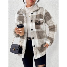 Plaid Pattern Button Front Jacket, Elegant Long Sleeve Warm Outerwear For Fall & Winter, Women's Clothing