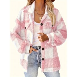 Plaid Pattern Button Front Jacket, Elegant Long Sleeve Warm Outerwear For Fall & Winter, Women's Clothing