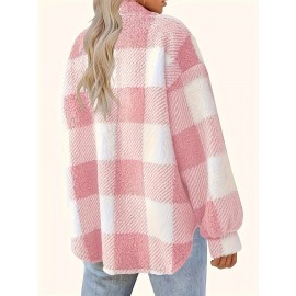 Plaid Pattern Button Front Jacket, Elegant Long Sleeve Warm Outerwear For Fall & Winter, Women's Clothing