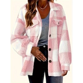 Plaid Pattern Button Front Jacket, Elegant Long Sleeve Warm Outerwear For Fall & Winter, Women's Clothing