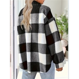 Plaid Pattern Button Front Jacket, Elegant Long Sleeve Warm Outerwear For Fall & Winter, Women's Clothing