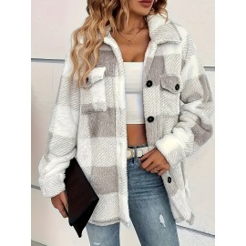 Plaid Pattern Button Front Jacket, Elegant Long Sleeve Warm Outerwear For Fall & Winter, Women's Clothing