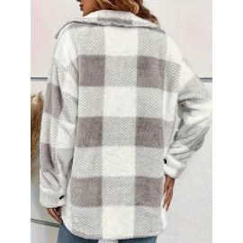 Plaid Pattern Button Front Jacket, Elegant Long Sleeve Warm Outerwear For Fall & Winter, Women's Clothing