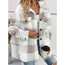 Plaid Pattern Button Front Jacket, Elegant Long Sleeve Warm Outerwear For Fall & Winter, Women's Clothing