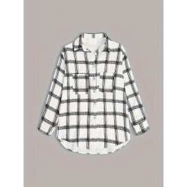 Plaid Shacket Jacket - Relaxed Fit Casual Outerwear with Classic Button Front Closure, Long Sleeves for Added Warmth, Versatile for Daily Wear - Designed Exclusively for Womens Clothing