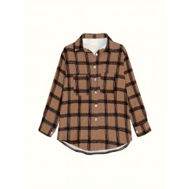Plaid Shacket Jacket - Relaxed Fit Casual Outerwear with Classic Button Front Closure, Long Sleeves for Added Warmth, Versatile for Daily Wear - Designed Exclusively for Womens Clothing