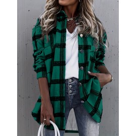 Plaid Shacket Jacket - Relaxed Fit Casual Outerwear with Classic Button Front Closure, Long Sleeves for Added Warmth, Versatile for Daily Wear - Designed Exclusively for Womens Clothing