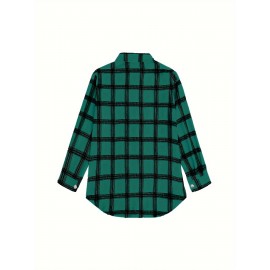 Plaid Shacket Jacket - Relaxed Fit Casual Outerwear with Classic Button Front Closure, Long Sleeves for Added Warmth, Versatile for Daily Wear - Designed Exclusively for Womens Clothing