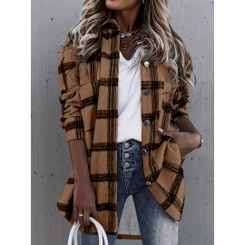 Plaid Shacket Jacket - Relaxed Fit Casual Outerwear with Classic Button Front Closure, Long Sleeves for Added Warmth, Versatile for Daily Wear - Designed Exclusively for Womens Clothing