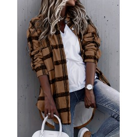 Plaid Shacket Jacket - Relaxed Fit Casual Outerwear with Classic Button Front Closure, Long Sleeves for Added Warmth, Versatile for Daily Wear - Designed Exclusively for Womens Clothing