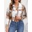Button Plaid Faux Fur Collar Jacket, Casual Long Sleeve Crop Jacket For Fall & Winter, Women's Clothing