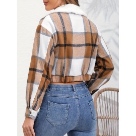 Button Plaid Faux Fur Collar Jacket, Casual Long Sleeve Crop Jacket For Fall & Winter, Women's Clothing