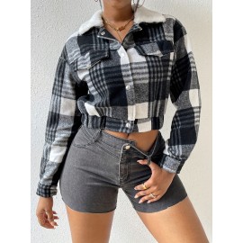 Button Plaid Faux Fur Collar Jacket, Casual Long Sleeve Crop Jacket For Fall & Winter, Women's Clothing