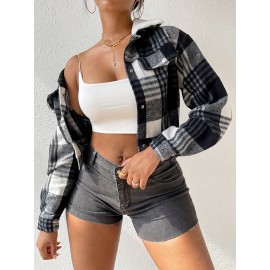 Button Plaid Faux Fur Collar Jacket, Casual Long Sleeve Crop Jacket For Fall & Winter, Women's Clothing