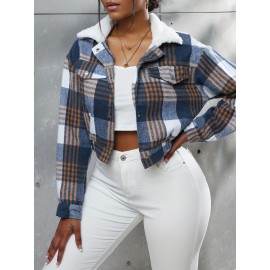 Button Plaid Faux Fur Collar Jacket, Casual Long Sleeve Crop Jacket For Fall & Winter, Women's Clothing