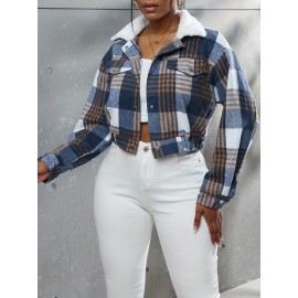 Button Plaid Faux Fur Collar Jacket, Casual Long Sleeve Crop Jacket For Fall & Winter, Women's Clothing