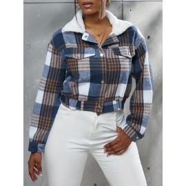 Button Plaid Faux Fur Collar Jacket, Casual Long Sleeve Crop Jacket For Fall & Winter, Women's Clothing